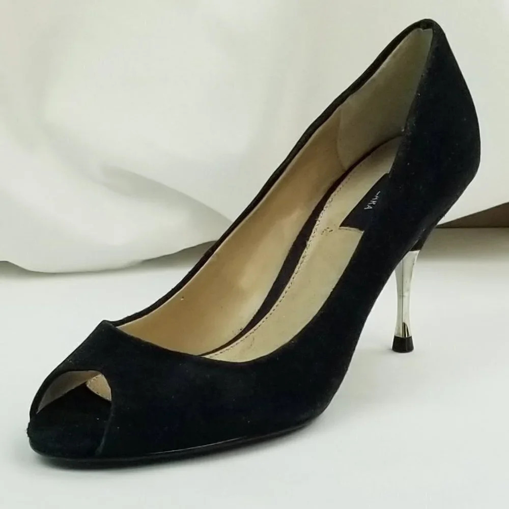 Zara 38 (US 8-8.5) Women's Black Suede Open Toe Metal Heel Accent Slip On Pumps